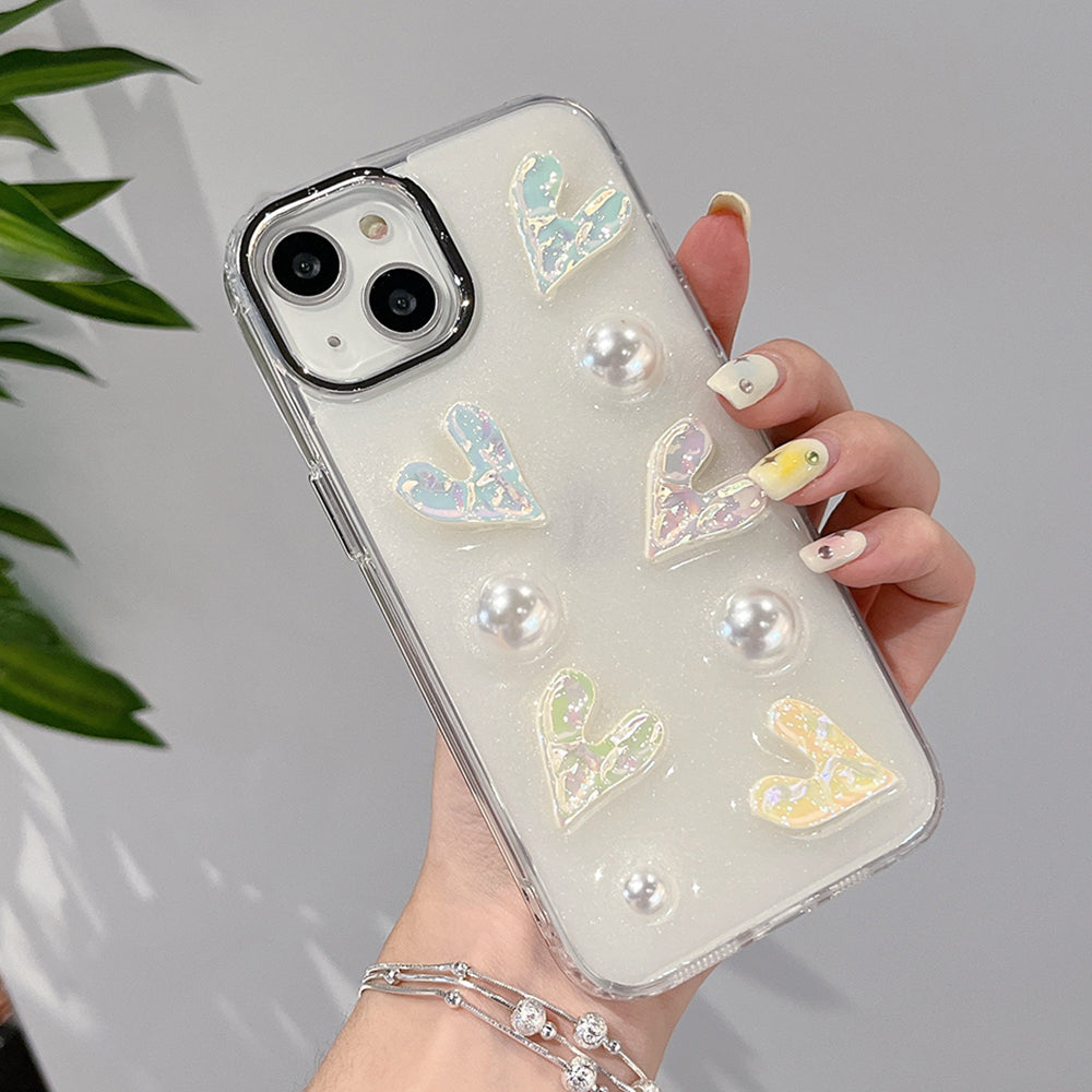 For iPhone 14 Laser Hearts Cell Phone Case Electroplating Hard Acrylic TPU Phone Cover with Pearl Decor For iPhone 14 Laser Hearts Cell Phone Case Electroplating Hard Acrylic TPU Phone Cover with Pearl Decor